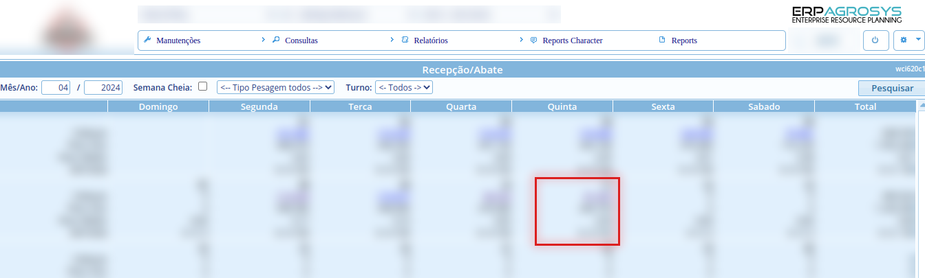 Tela Recepção/Abate do módulo Industrial, com o último dia que possui pesagem destacado